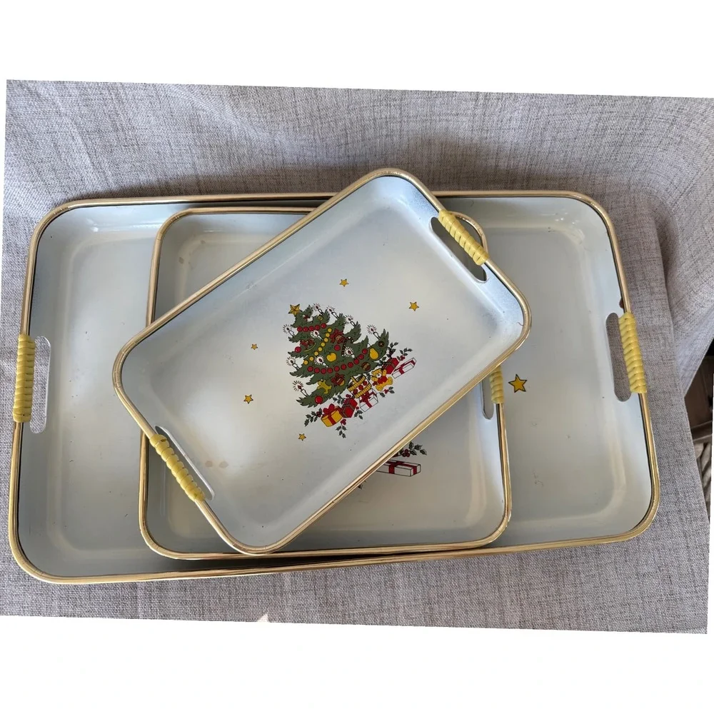 Vintage 3pc Christmas Tree Lacquerware Serving Tray Set Japan Gold Trim